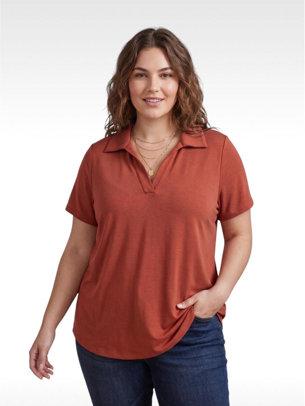 Create listingTorrid Rust Ribbed Knit V-Neck Polo Top Short Sleeve NWT 2XL